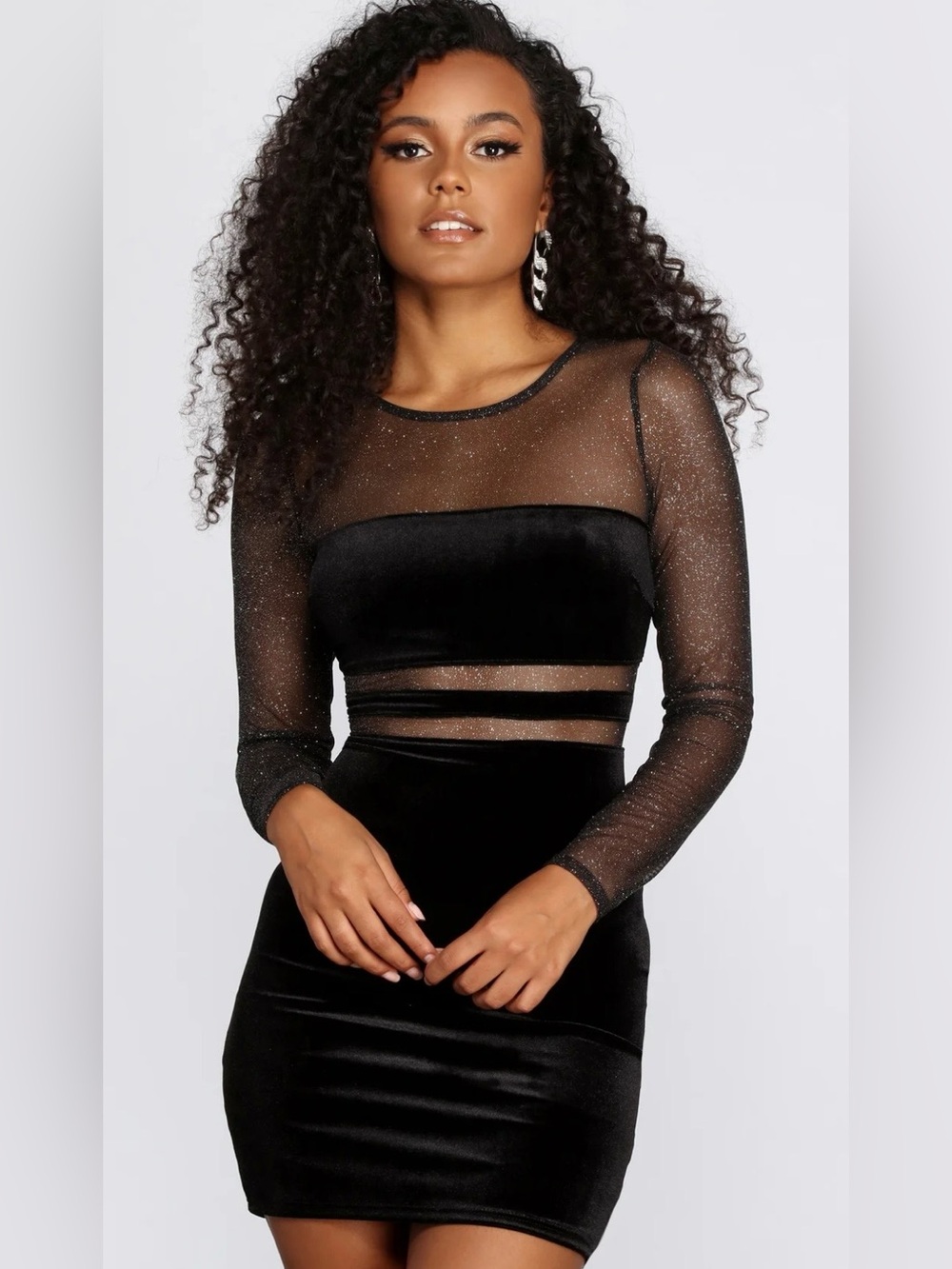 Windsor Black Sheer Glitter Mesh Long Sleeve Velvet Bodycon Dress
